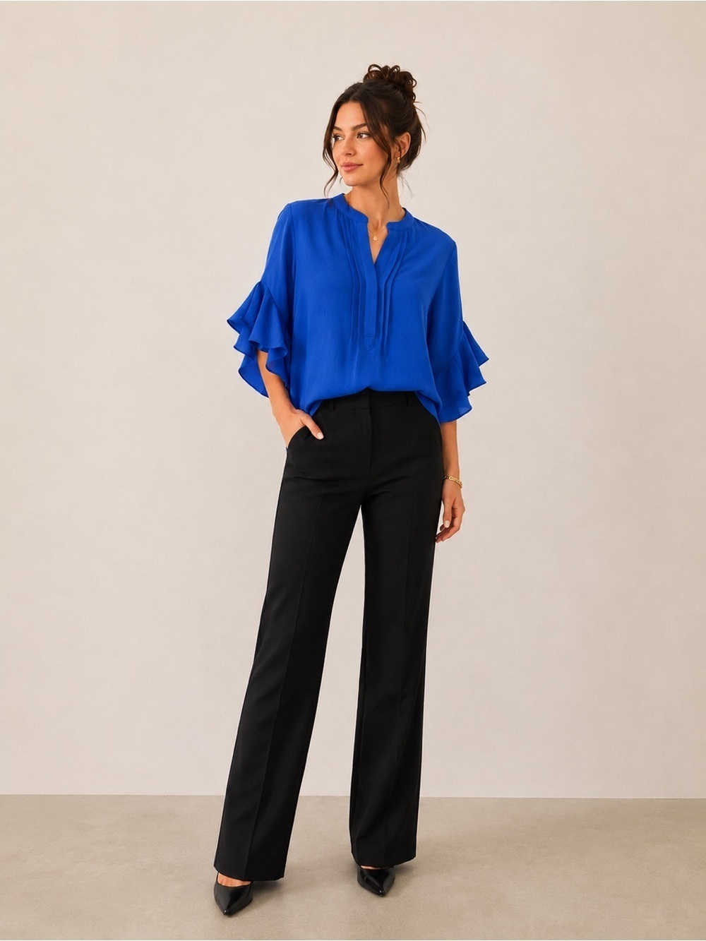 NWT Vince Camuto Split Neck Ruffle Sleeve Blouse Deep Azure Size XS